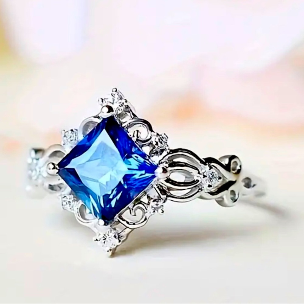 Lab Created Sapphire scroll Ring sterling silver plated Most Sizes Available NWT